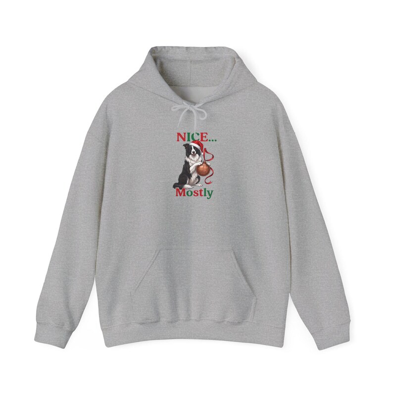 Sport Grey Christmas hoodie featuring a black-and-white Border Collie in a Santa hat between NICE... and Mostly lettering.