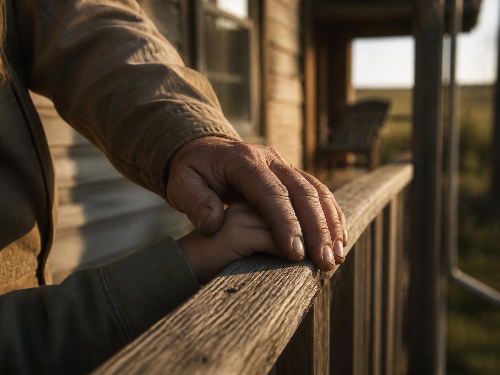 A weathered adult hand resting protectively over a child's hand on a wooden porch rail at golden hour